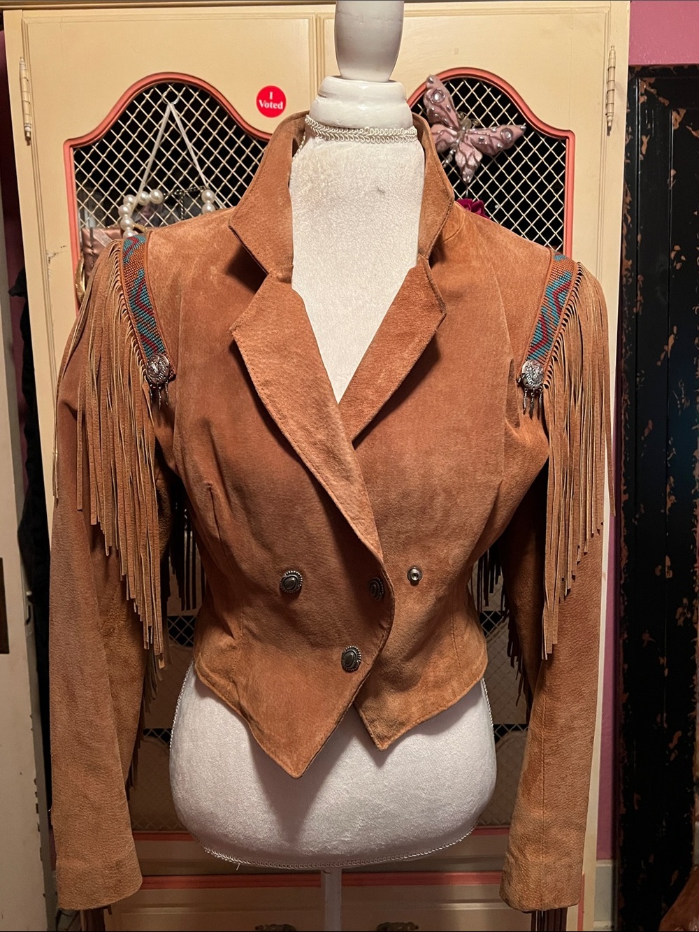 Cognac Suede Fringe Double-Breasted Jacket - Women